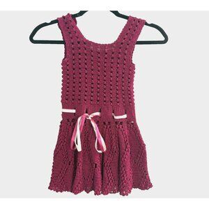 KIDS Girls Crochet Dress Sz 2T 3T Magenta Ribbons Buttons Party Event 2-25